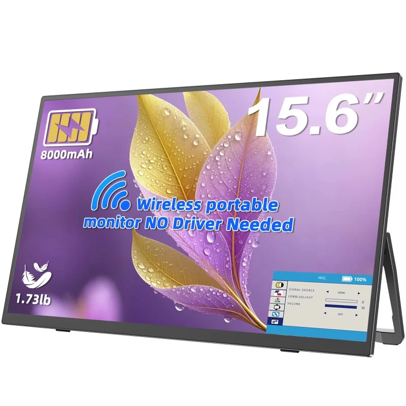 UPERFECT Wireless Portable Monitor Battery-Powered 8000mAh Support AirPlay Miracast 15.6" 1080P IPS USB-C HDMI External Display