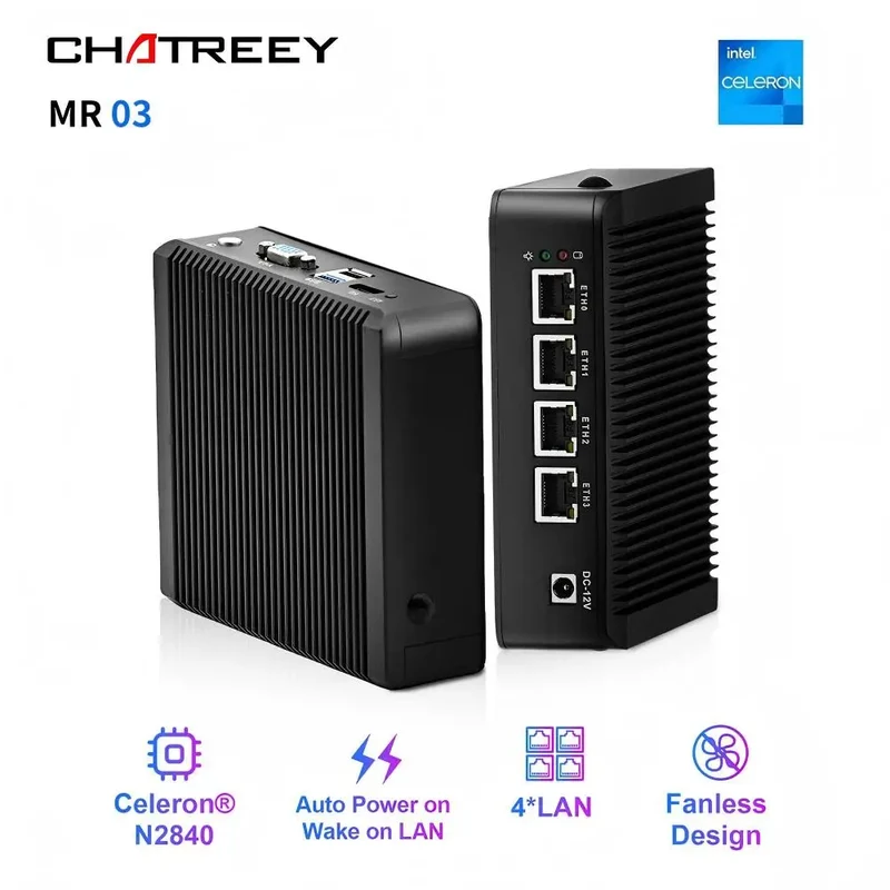 Chatreey Fanless Industrial MR03 Mini PC intel N2840 Desktop Computer 4*Intel LAN i211 for Pfsense Firewall Soft Router