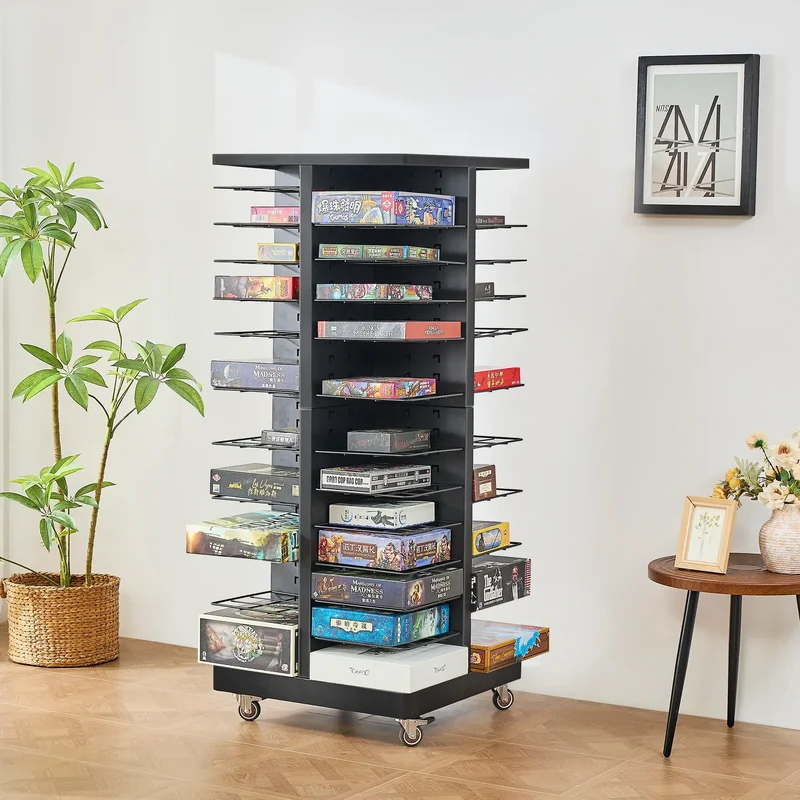 Board Game Storage Rack with Adjustable Shelves and Wheels