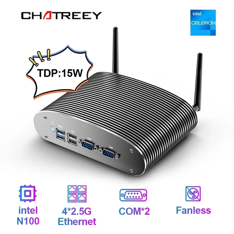 Chatreey Fanless Industrial Mini PC intel N100 Win 11 pro Desktop Computer