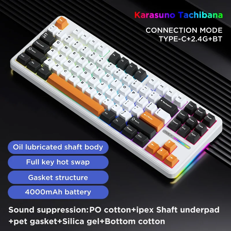 Aula F87 PRO Mechanical Keyboard 3 Mode 2.4G USB Bluetooth Tri Mode Wireless Keyboard 87 Key Hotswap RGB PBT