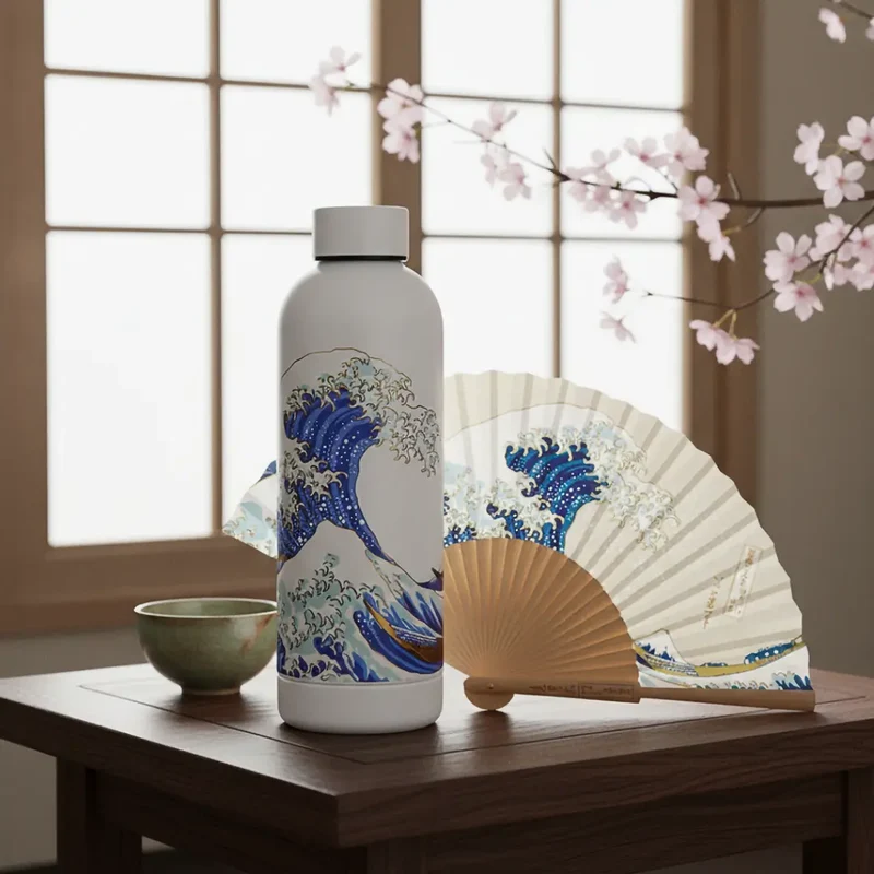 Die Große Welle vor Kanagawa - Premium Trinkflasche & Fächer Set
