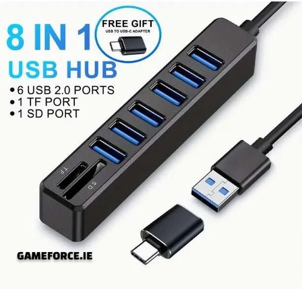 ARES 8 In 1 Hub, USB Splitter, 6-Port USB Hub, External Combi USB 2.0 Hub, SD/TF Card Reader, Multi-Function Card Reader Compatible With MacBook Pro/Air USB C Laptops And Other Type C Devices.