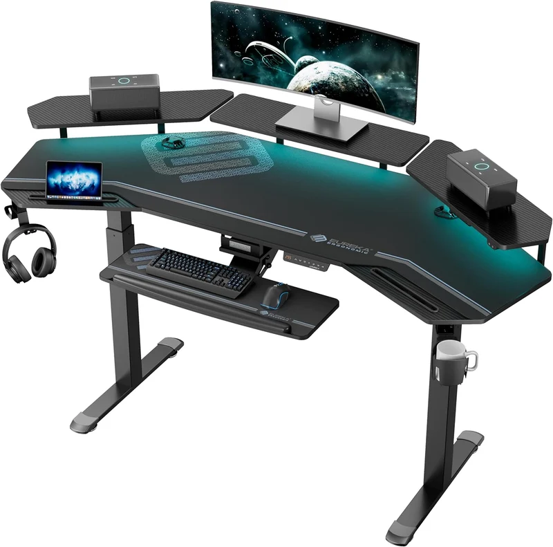 72" Wing-Shaped Electric Standing Gaming Desk - Adjustable Height with LED Shelves & Keyboard Tray for Music Studio & Live Streaming